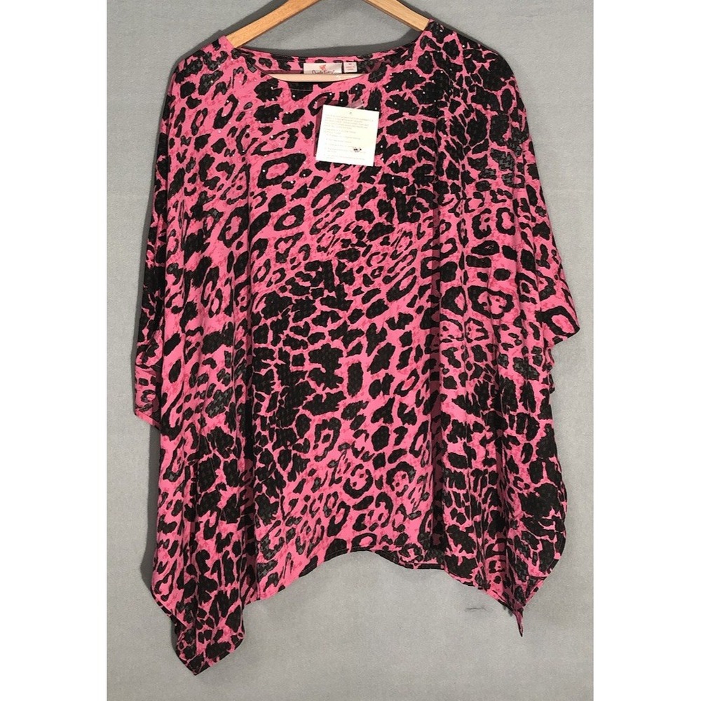 Quacker Factory Angel's Wild Side Pink/Blk Caftan Top Rhinestone Embellished SzM